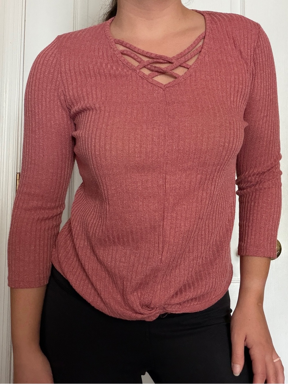 Crisscross Knot Front Ribbed Long Sleeve Top - Dusty Rose